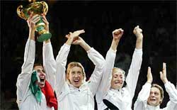 Italy's Manuela Leggeri, Elisa Togut, Anna Vania Mello and Eleonora Lo Bianco celebrate their victory