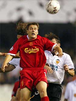 Liverpool�s Michael Owen tries to head the ball during their Champions League Group B match against Valencia 