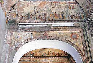 A file photograph of murals within the sanctum sanctorum of Mata Mansa Devi Temple that are now being restored by the Archaeological Survey of India. 