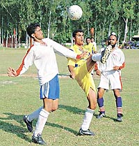 The semifinal match of the Senior State Chandigarh Police Shaheed Samarak Football Meet between Chandigarh Football Club and Chandigarh Police in progress at Police Lines, Sector 26, Chandigarh, on Thursday