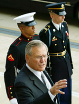 US Secretary of Defense Donald Rumsfeld speaks to the media while waiting for Russian Defense Minister Sergey Ivanov