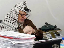 Palestinian President Yasser Arafat pictured in his besieged office