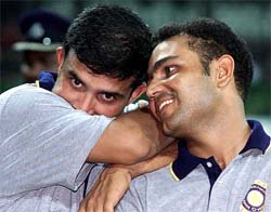 Key architects of India�s win,Saurav Ganguly and Virender Sehwag smile during the awards ceremony