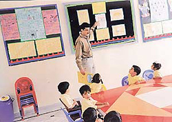 Students of Amravati Public School participate in a class decoration and discussion contest in Surajpur on Monday.