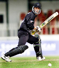 New Zealand's Mathew Sinclair hits a shot against Bangladesh 