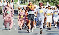 Senior citizens participate in a brisk walking contest 