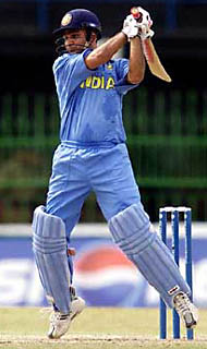Man-of-the-Match Virender Sehwag hits a shot