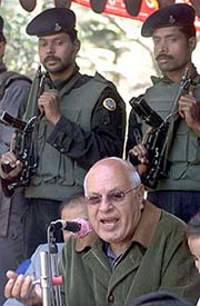 Jammu and Kashmir Chief Minister Farooq Abdullah speaks during an election campaign meeting