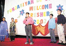 Students participate in a freshers� party in the Pal Auditorium of the PAU in Ludhiana 