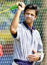 India's Rahul Dravid exercises during a practice session