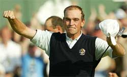 Europe's Thomas Bjorn celebrates after winning his singles match