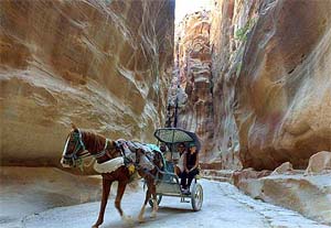 Foreign tourists ride in a buggy through canyons