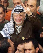 Palestinian President Yasser Arafat flashes the victory sign