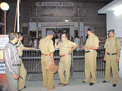 Policemen at Shri Maha Kali Mandir in Sector 30, Chandigarh, after two rival groups clashed on Monday. 