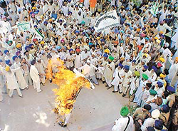 BKU (Ekta) activists burn an effigy of Union Minister for Food and Civil Supplies 