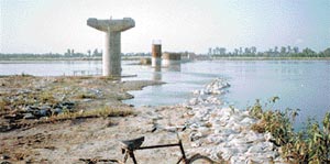 A deserted construction site at Ghumana village, where the work on a bridge