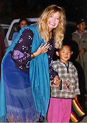 Film star Goldie Hawn arrives with Renzin Khachoe for a performance of traditional dances at the Tibetan Children�s Village School at Dharamsala 