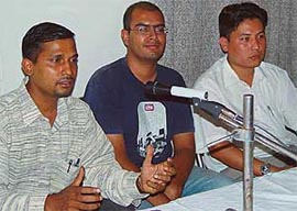 Activists of the Tibetan Youth Congress and Bharat Tibet Sahyog Manch address a press conference 