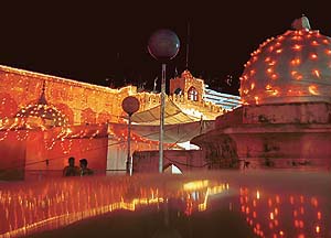 Mansa Devi Temple decked up on the eve of Navratra festival in Panchkula on Sunday