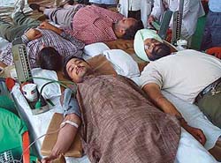 Volunteers donate blood at a camp organised by the Bharatiya Janata Yuva Morcha�s Chandigarh unit at Kamalam