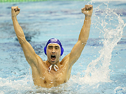 Kazakhstan's Sergey Drozdov reacts after their water polo gold medal match 