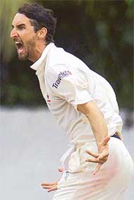 Australian bowler Jason Gillespie celebrates dismissing Pakistani captain Waqar Younis