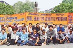 Members of the Akhil Bharatiya Vidyarthi Parishad hold a rally in support of their demands in Sector 17