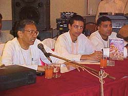 Shri Nand Maharaj from ISCKON addresses a press conference to announce a plan for the construction of a Jagnanath Temple 