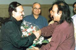 BCCI Finance Committee member Suresh Chopra and former chairman of Indian Oil M A Pathan felicitating DDCA senior vice-president C K Khanna on his election as vice-chairman of the National Cricket Academy.