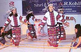 A group of Mizo dancers presents a sequence on a special cultural evening organised to celebrate tourism partnership of North and North East at Hotel Park View