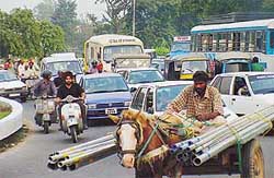 A view of the traffic jam on the Piccadily roundabout in Chandigarh