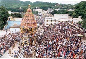 Thousands of devotees witness the annual Bramotsavam's chariot festival