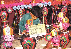 An array of dazzling Ravans on sale at Blind School in the Capital on Monday.