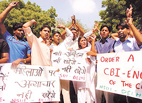 NSUI activists protest against the alleged involvement of former DUSU president Avdesh Sharma in the �gangrape� of a young dancer in Alaknanda. 