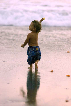 A child throws a flower into the ocean