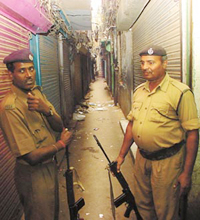 The deserted lanes of Khari Baoli, where the traders downed their shutters on Thursday.
