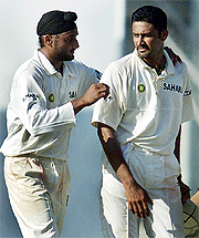 Harbhajan Singh congratulates teammate Anil Kumble