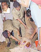 The body of Baldev Kaur, who was murdered allegedly by Nirmal Singh (inset) on Friday, being exhumed in Kajheri village in Chandigarh