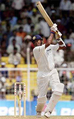India's Javagal Srinath hits a shot during the third day's play of the second Test match
