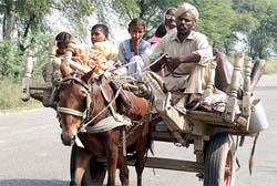 A family returns with belongings to their house situated close to the border with Pakistan near Attari in Punjab