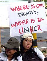 Burmese refugee during a dharna at the UNHCR 