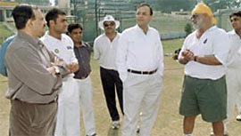 Former Indian captain Bishan Singh Bedi, who resumed his charge as the Delhi coach, with his deputy Yashpal Sharma, Virender Sehwag, DDCA president Arun Jaitley and vice-president C. K. Khanna at the Ferozeshah Kotla ground
