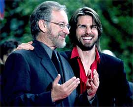 US actor Tom Cruise shares a smile with director Steven Spielberg as they arrive at the Tokyo International Film Festival for the Japanese premiere of their latest movie, "Minority Report" in Tokyo 