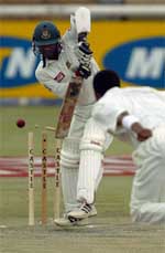 Bangladesh batsman Hannan Sarkar is bowled by South African bowler Makhaya Ntini