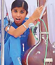 A participant of the solo-song contest performs in DAV Senior Secondary School, Sector 8, Chandigarh, during the ongoing cultural week