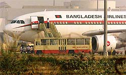 A passenger plane of Bangladesh's Biman Airlines stands at New Delhi's Indira Gandhi International Airport