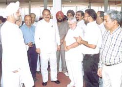 Delhi Minister of Urban Development A. K. Walia with Nirankari Sant Samagam organisers at the venue on Burari Road.