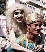 Shiv Sena activists dressed as 'Panchtantra' characters 'Betal' and 'Vikram' demonstrate in front of collector's office
