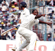 Darren Powell exalts after bowling Rahul Dravid leg before 