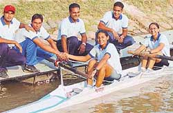 Gurpreet Kaur, representing Panjab University, Chandigarh, and the star of the All-India-Inter-University Rowing Championship, being complimented by other fellow medal winners at the Sukhna Lake